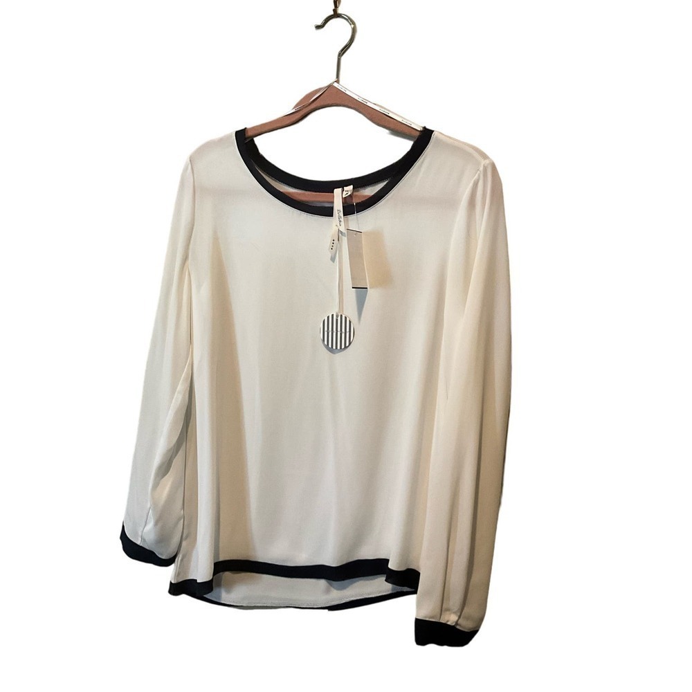 Bellatrix Blouse Top‎ Women's M White/Blue Long Sleeve Crew Neck Polyester